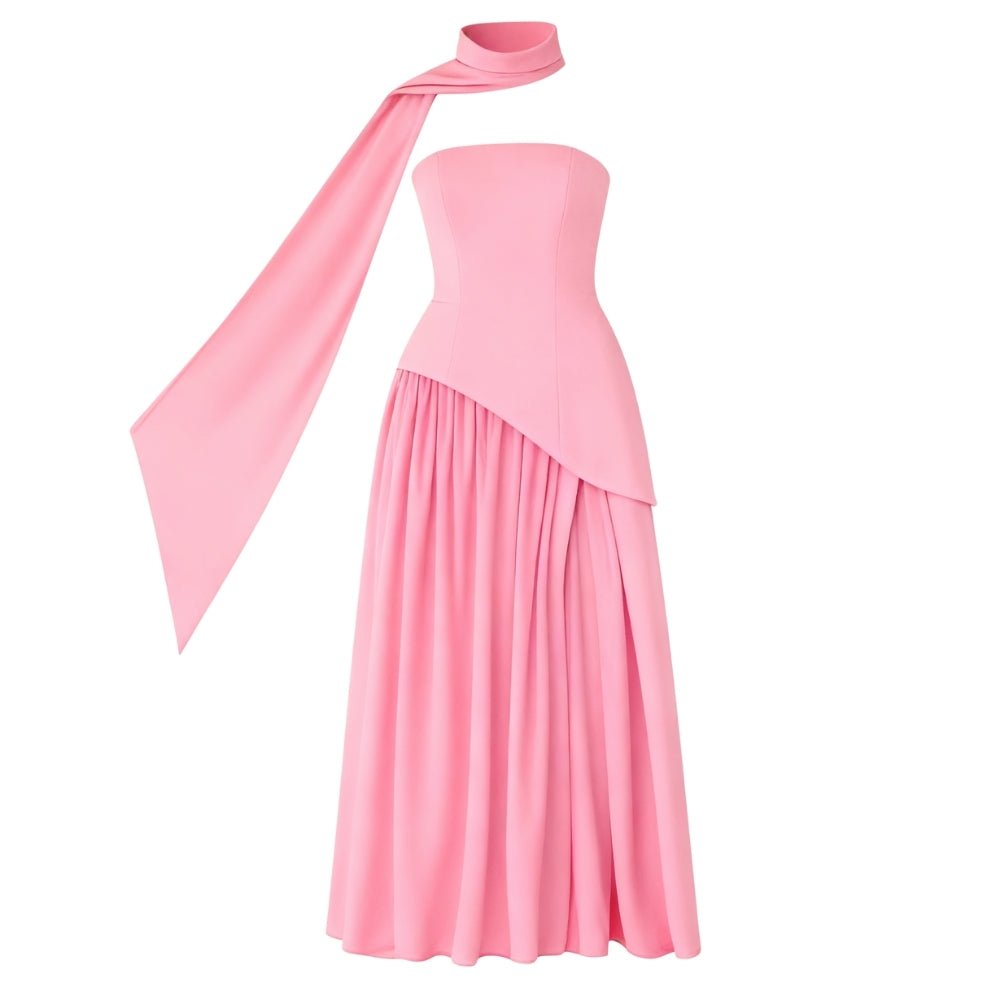 Pink Kouvr halter neck gown with a matching scarf on a white background
