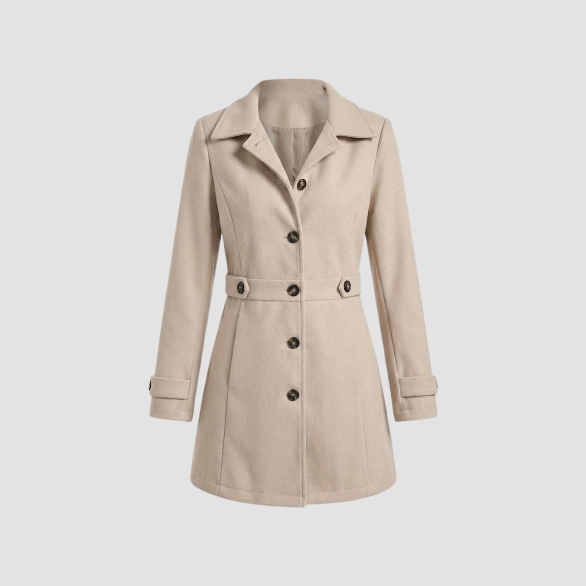 Flat lay studio shot of the front of a beige women's single-breasted wool-blend coat with a belt.