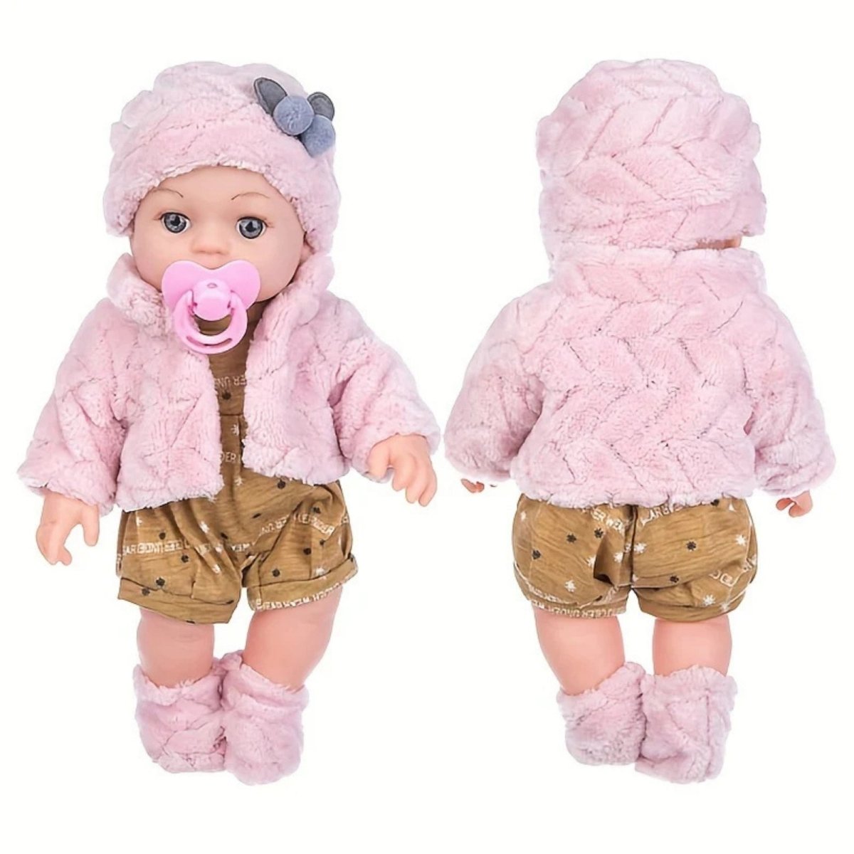 Kouvr Toy doll with pink outfit and pacifier, shown from front and back on a white background