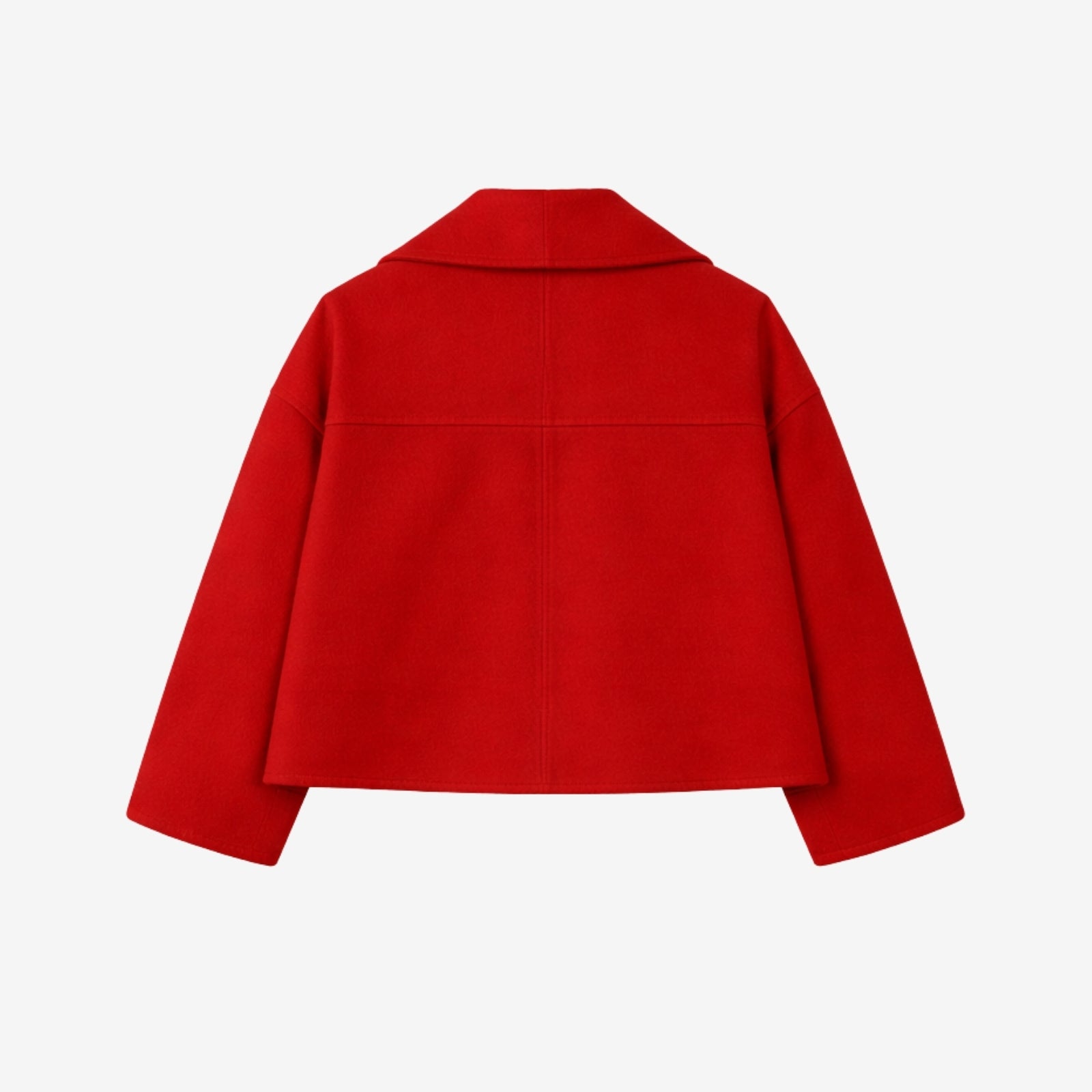 Flat lay product shot of the back of the Kouvr Fashion red cropped wool jacket, detailing the seaming and construction.