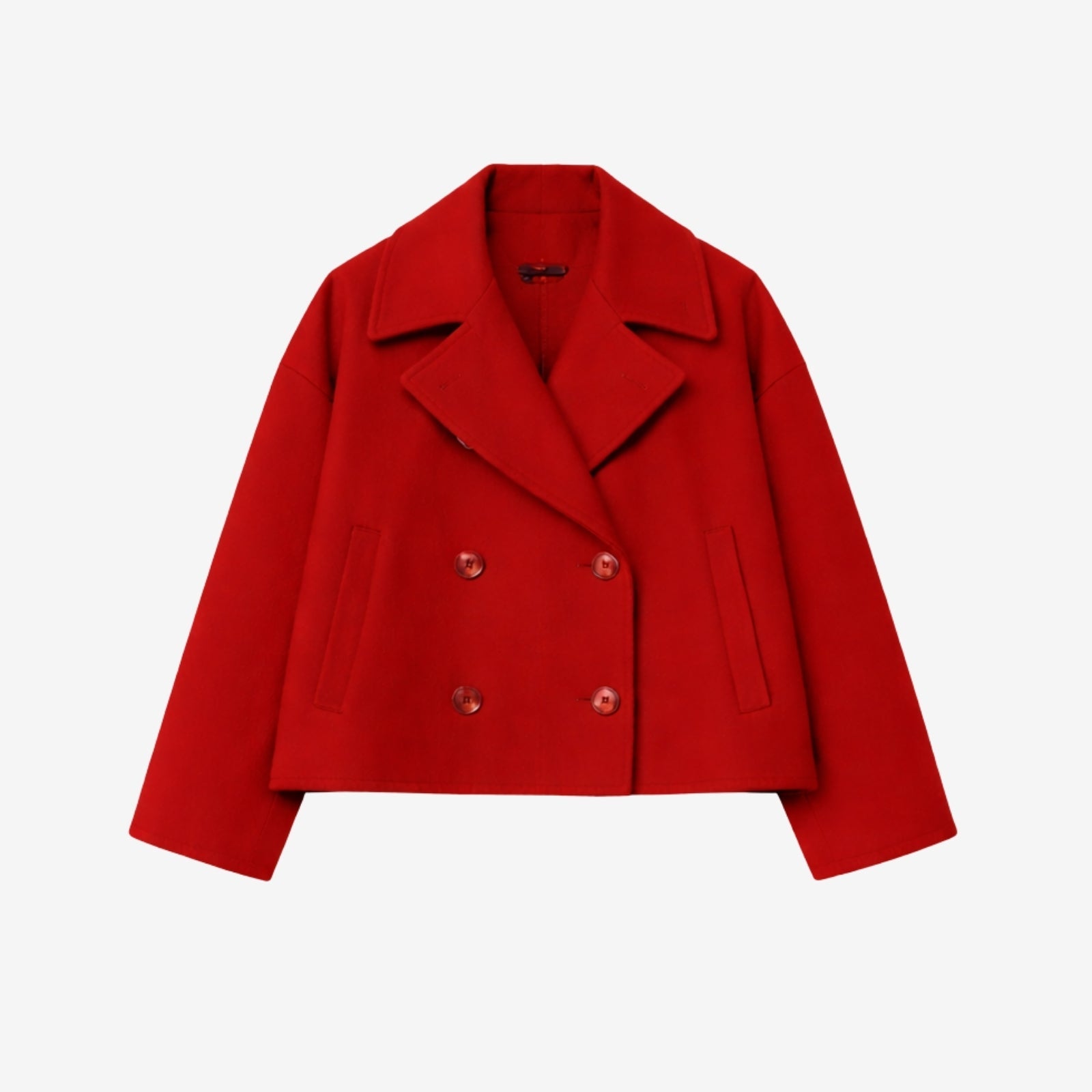 Flat lay product shot of the front of the Kouvr Fashion red double-breasted cropped wool jacket, showing lapel and button details.