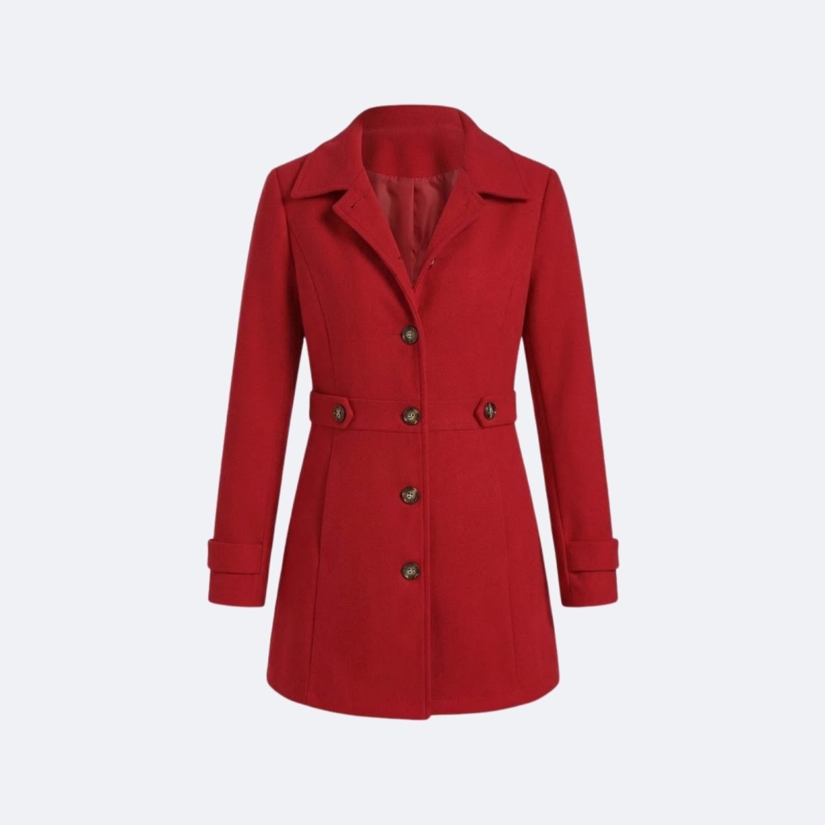 Product flat lay of a women's red single-breasted wool coat with notch lapels and tortoiseshell buttons.