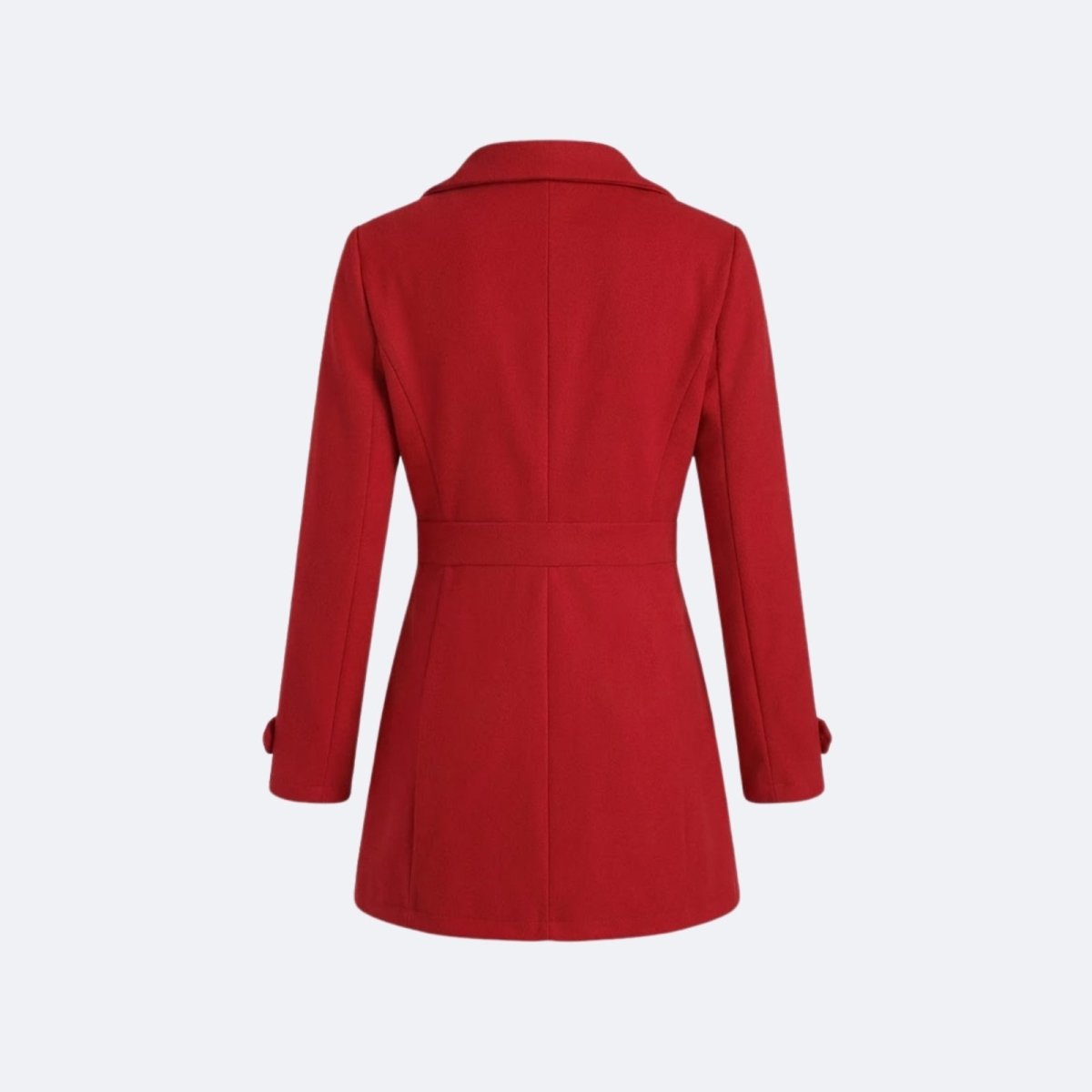 Flat lay showing the back and interior lining detail of the Kouvr Fashion red wool coat for women.