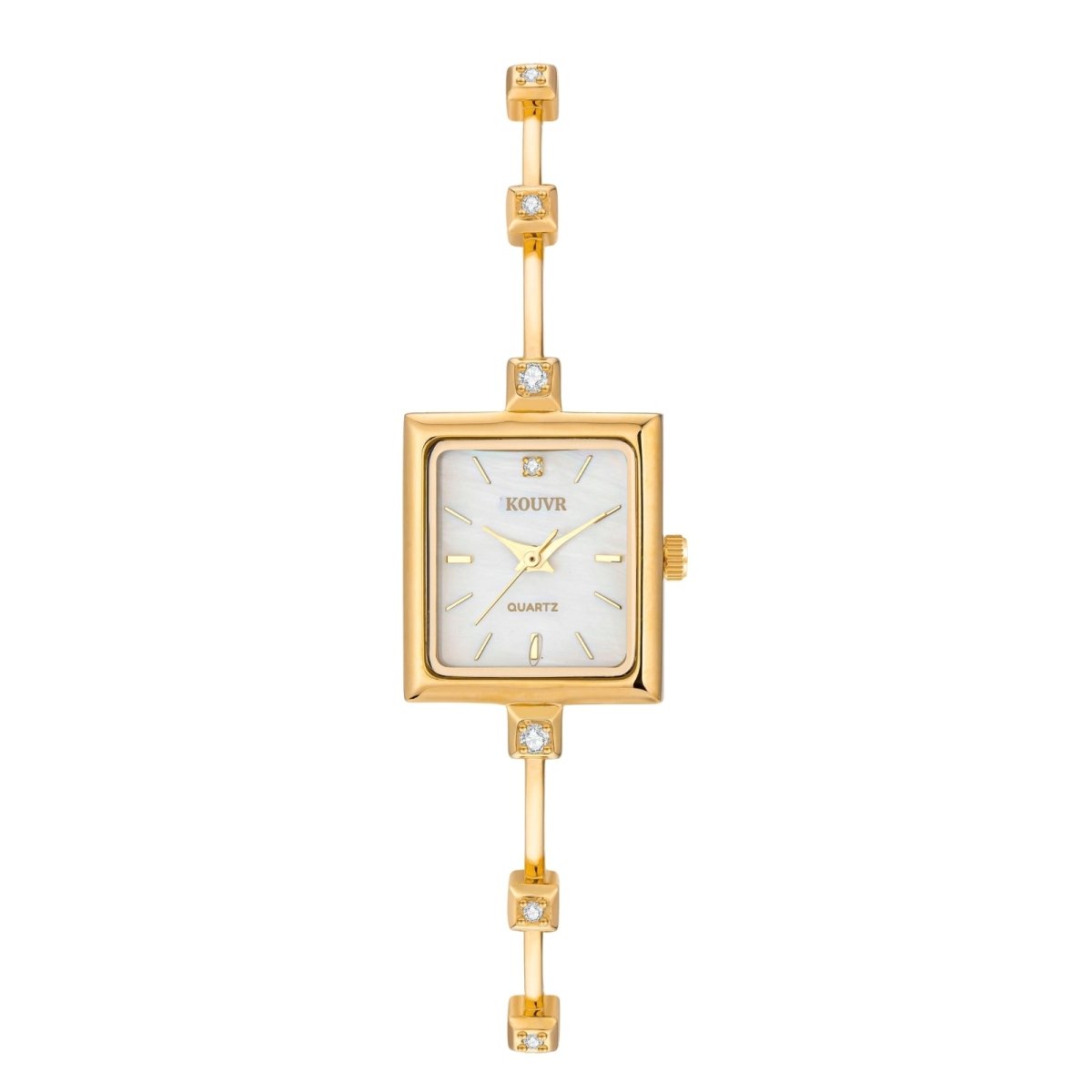 Gold kouvr wristwatch with a square face on a white background