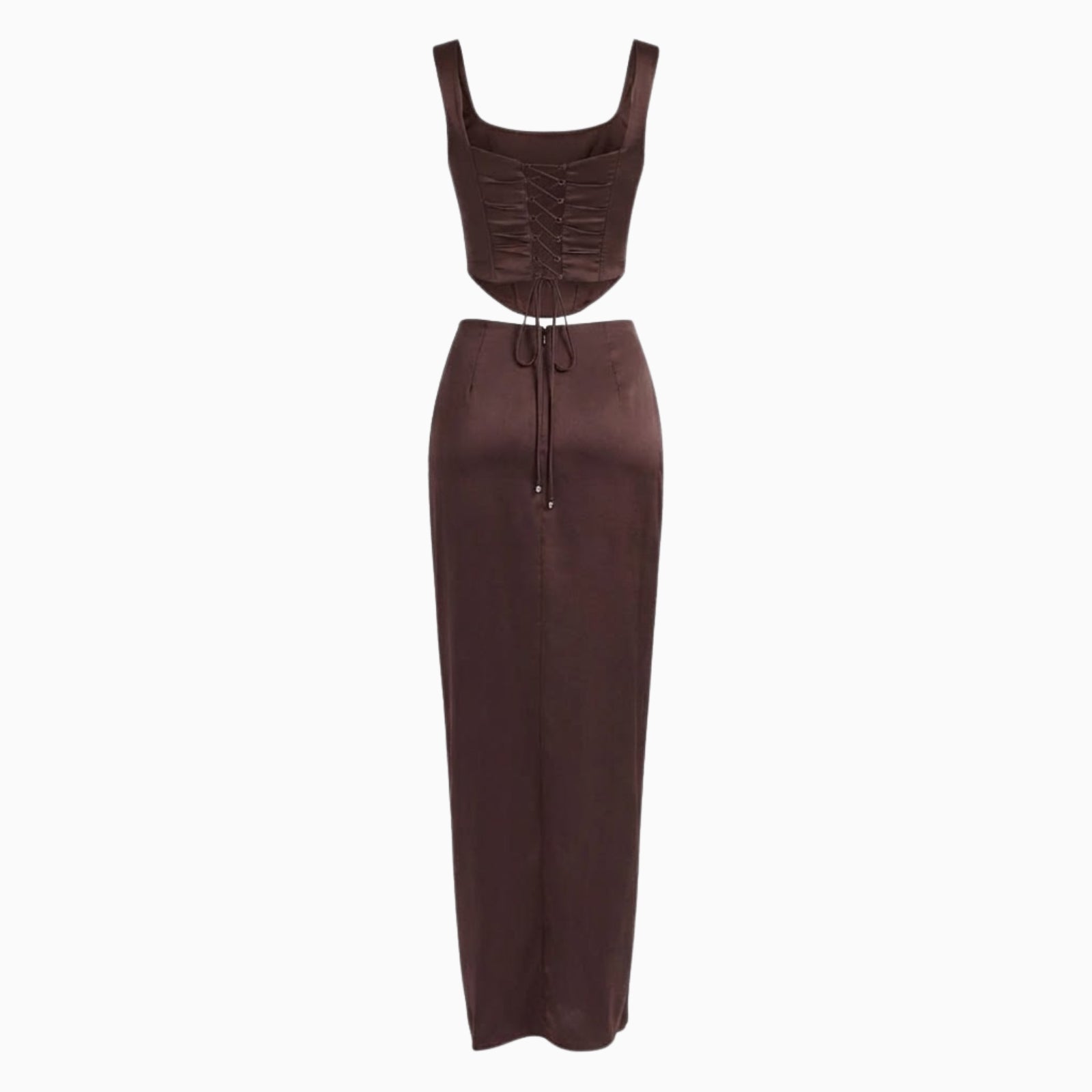 Flat lay of the Rona dark brown satin set, displaying the back of the top with its corset lacing and the simple back of the maxi skirt.