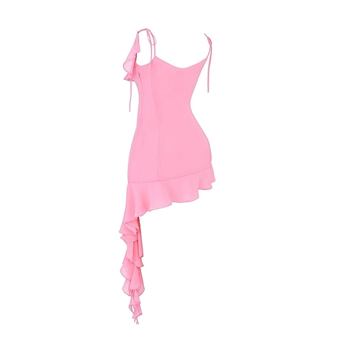 Pink kouvr dress with ruffled details on a white background