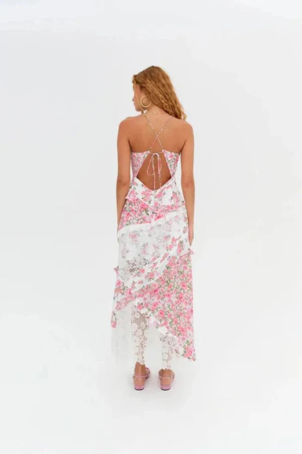 Kouvr Fashion pink floral and white lace asymmetrical midi slip dress with open back.