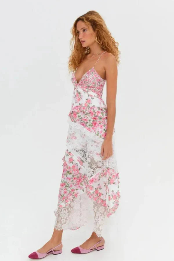 Kouvr Fashion pink floral and white lace asymmetrical midi slip dress with open back.