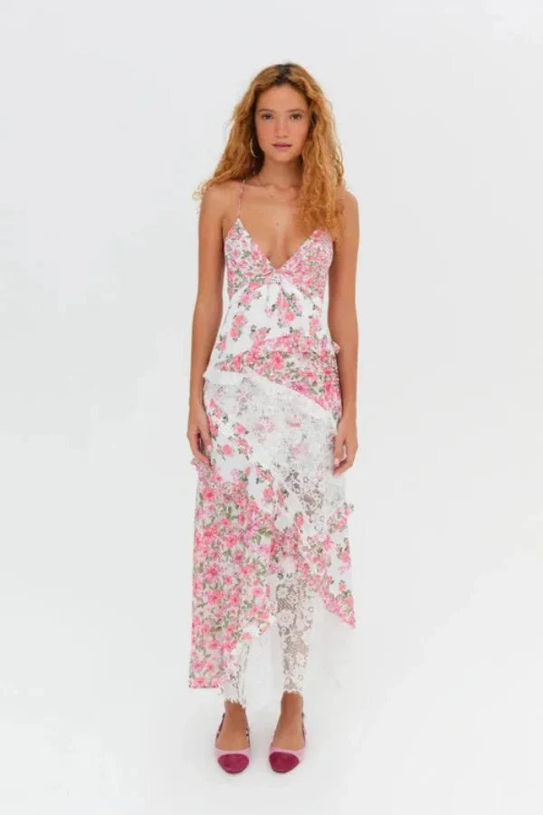 Kouvr Fashion pink floral and white lace asymmetrical midi slip dress with open back.