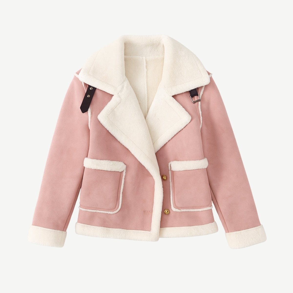 Product shot of the Kouvr Fashion pink esmeralda moto jacket, laid flat to show the plush white sherpa lining and lapels.