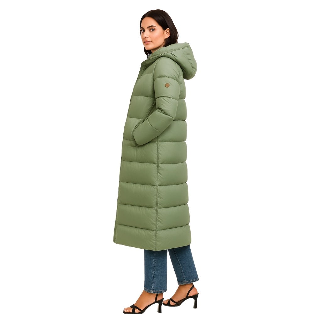 quilted outerwear," "thermal insulation," "cold weather essential," "winter parka," and "elegant down coat