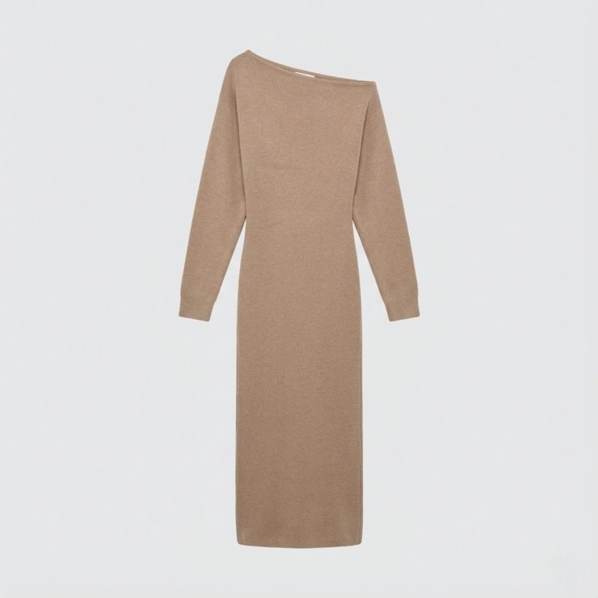 Flatlay product shot of the Kouvr Fashion Selena one-shoulder long sleeve knit dress in camel, front.