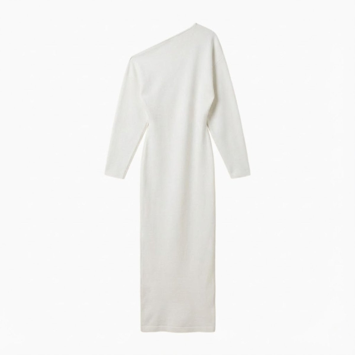 Flat lay product shot of the Kouvr Fashion Selena one-shoulder white knit dress, back view.