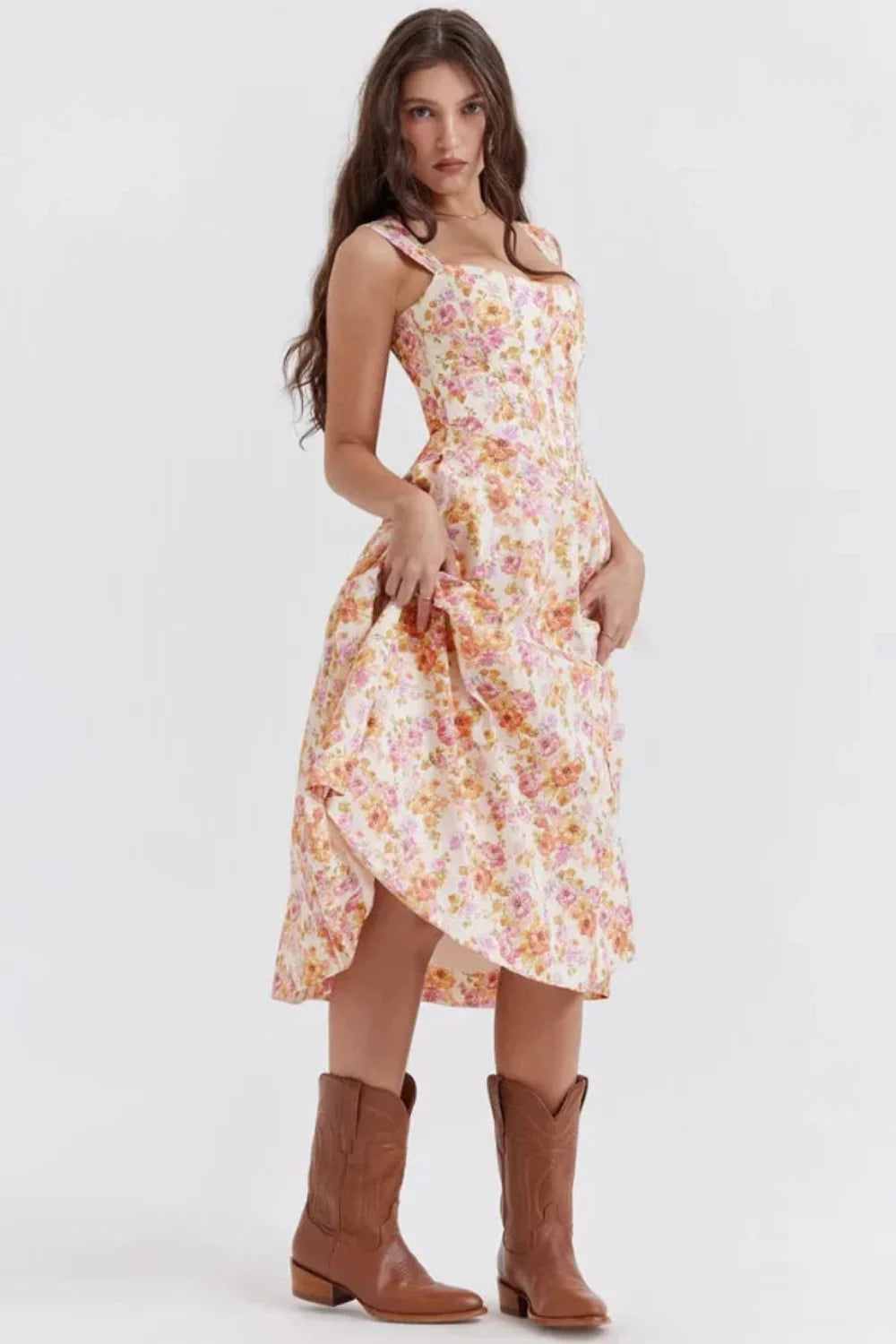 structured bodice, A-line skirt, wedding guest attire, garden party aesthetic, feminine silhouette, square neckline dress, dress with pockets, romantic floral print, cottagecore fashion