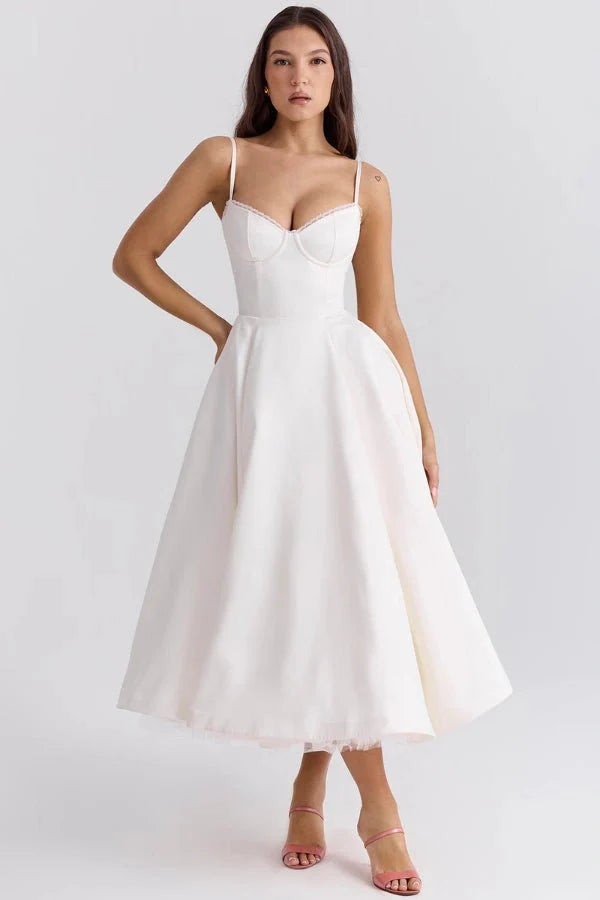 sweetheart neckline," "A-line silhouette," "mikado fabric," "elopement outfit," and "rehearsal dinner dress