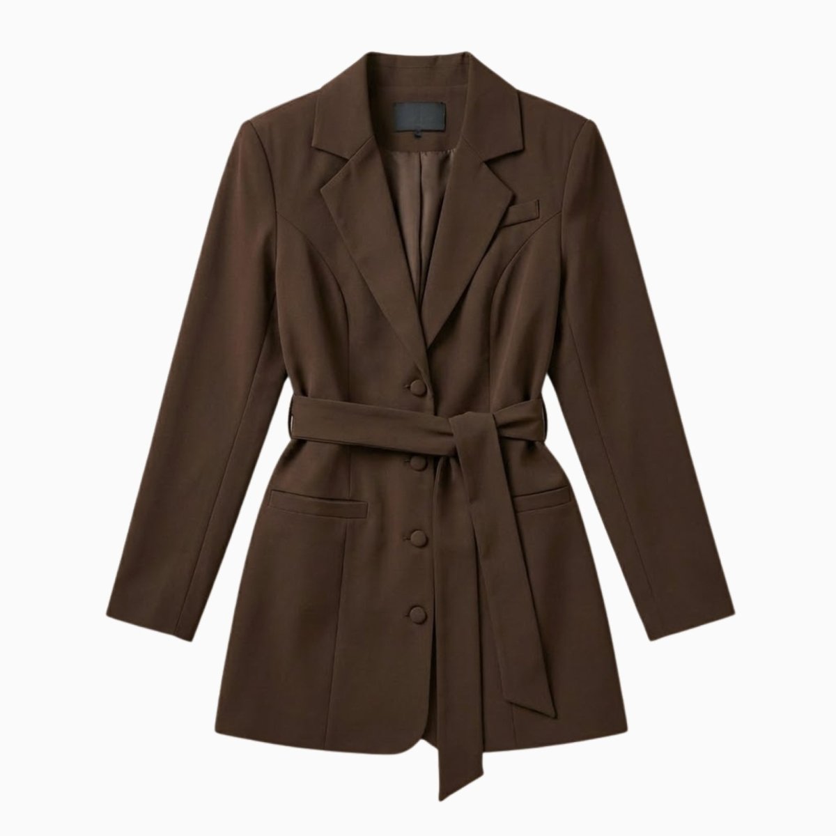 Flat lay product shot of the single-breasted brown belted blazer by Kouvr Fashion on a white background.