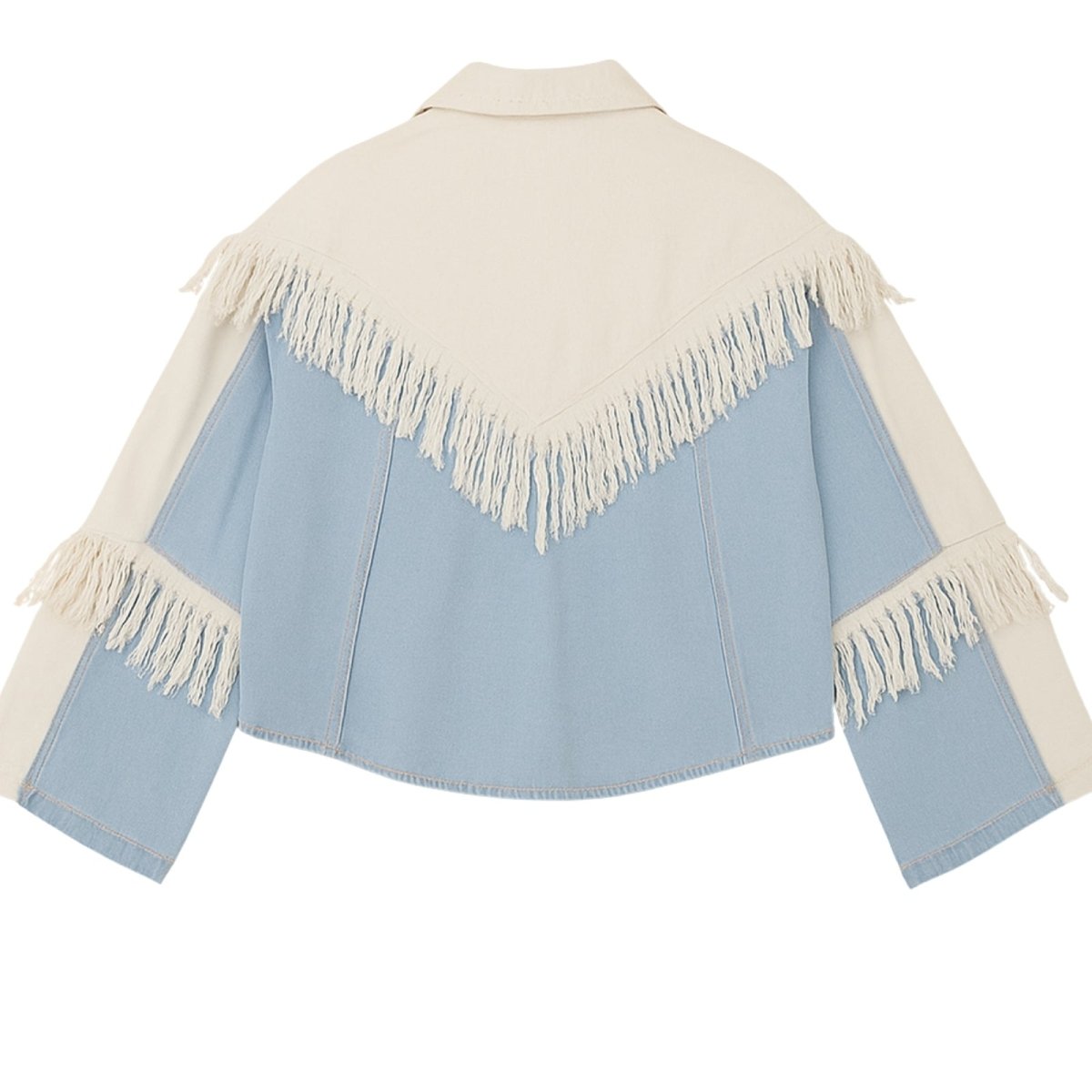 Model wearing the Kouvr Simone two-tone blue and white fringe denim jacket, front view.
