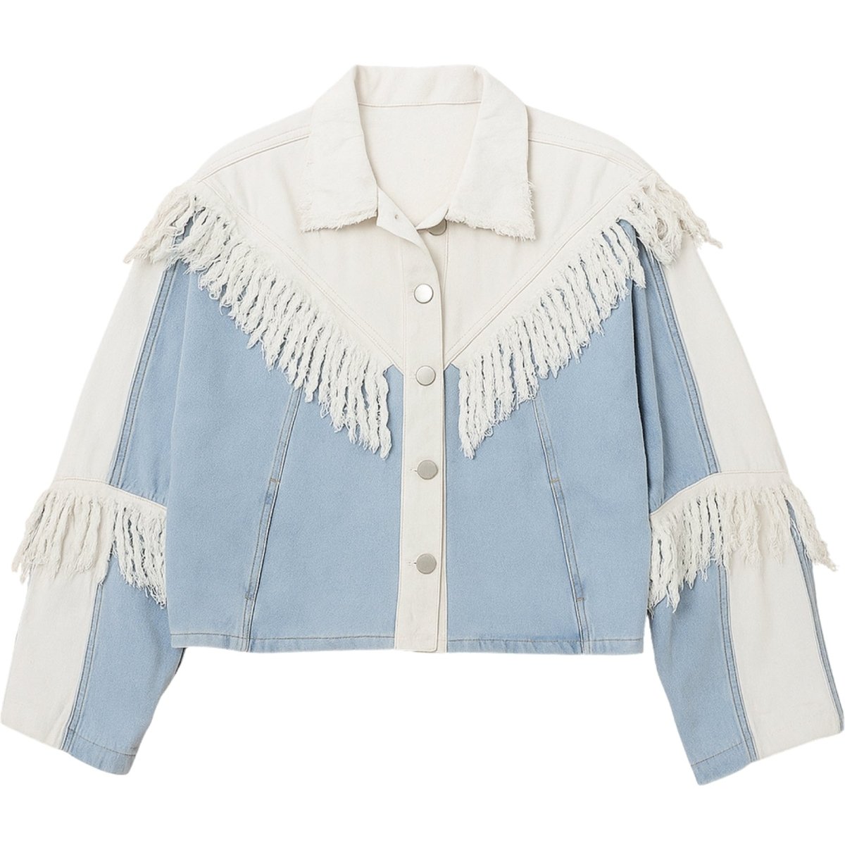 Model wearing the Kouvr Simone two-tone blue and white fringe denim jacket, front view.