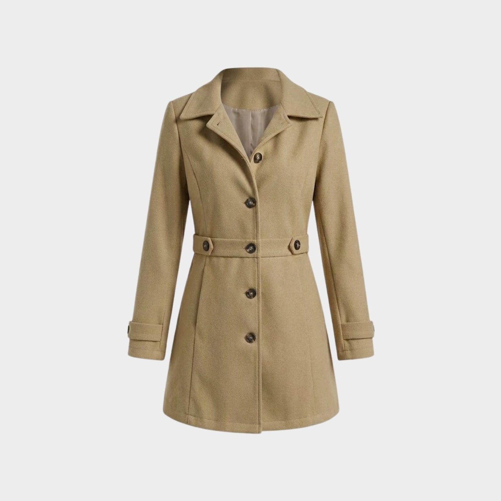 Product flat lay of the Kouvr Fashion khaki wool coat, front view, buttoned up to show the waist belt detail and notched lapel.