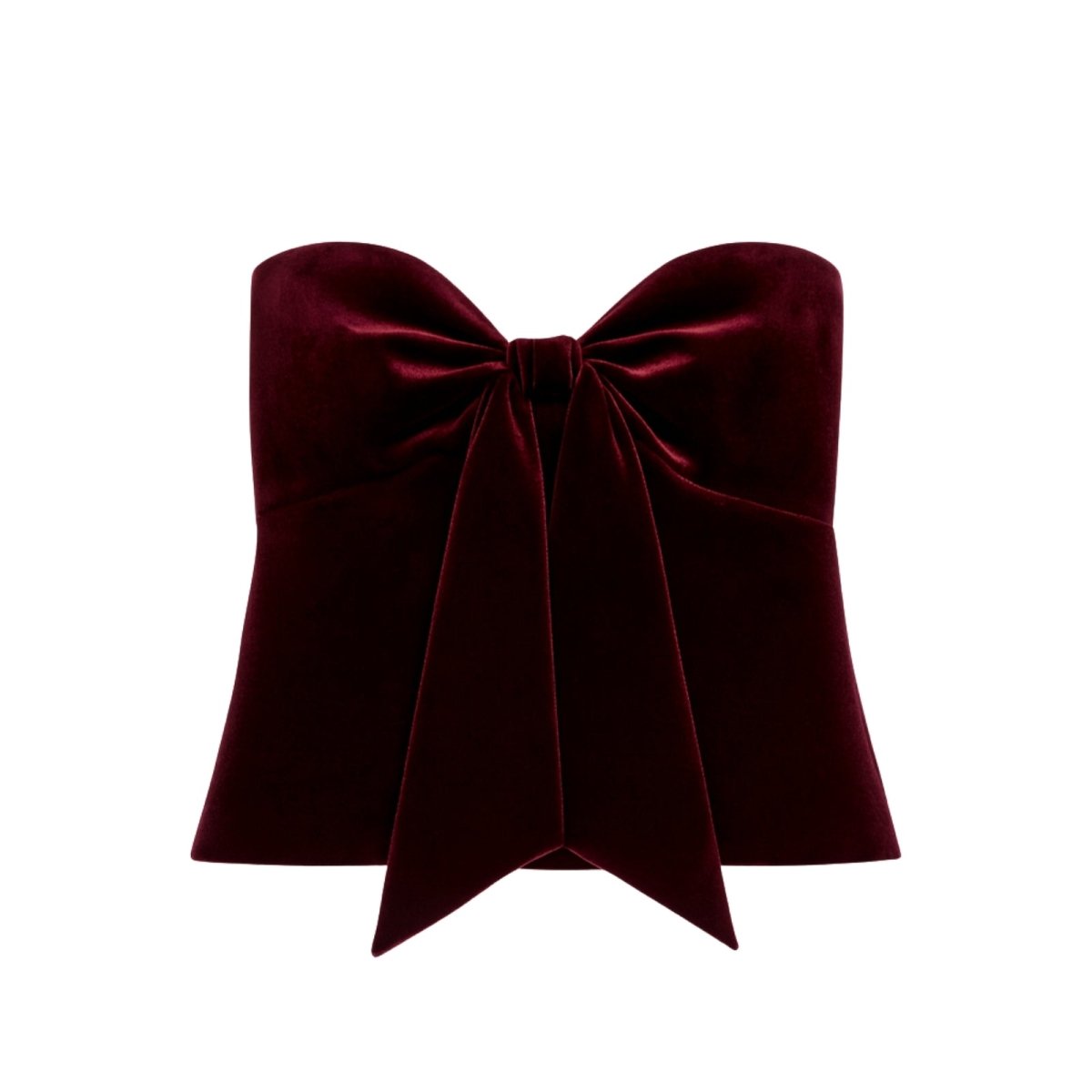 Flat lay product shot of the Kouvr Fashion Sophia burgundy velvet strapless top, showcasing the large sculptural bow detail.