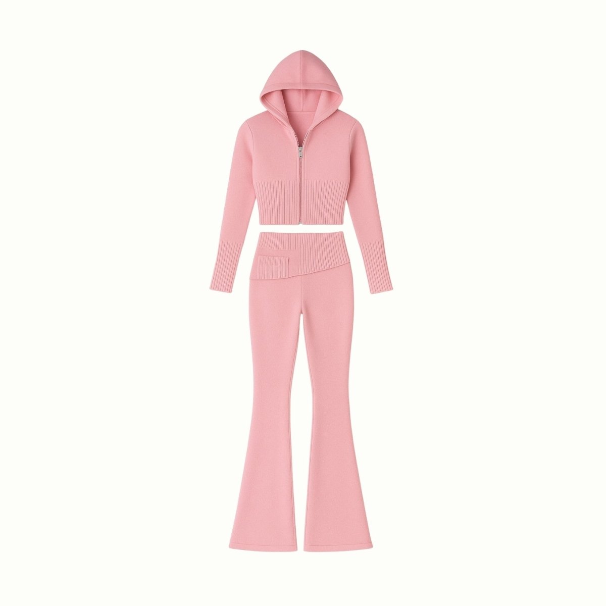Product flatlay of the Kouvr Fashion two-piece pink knit set, including the cropped zip hoodie and flared pants, on a white background.