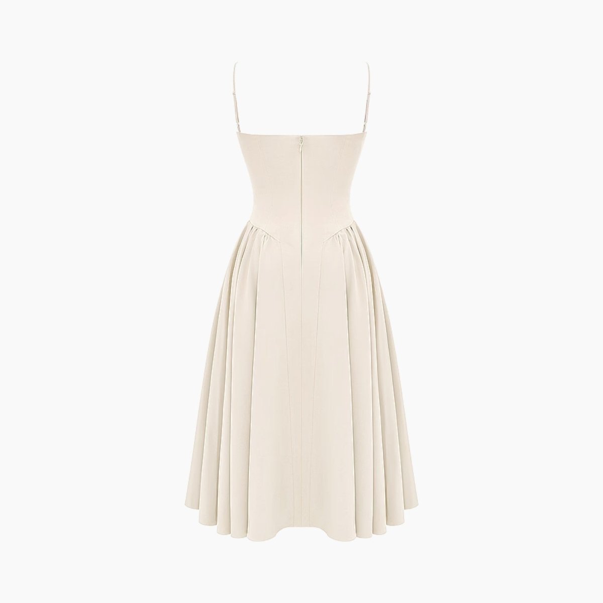 Product shot of the back of the Kouvr Fashion ecru bustier midi dress, showing seam details and zipper.