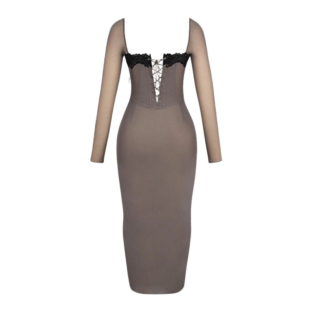 Taupe Kouvr dress with black lace detailing on a white background