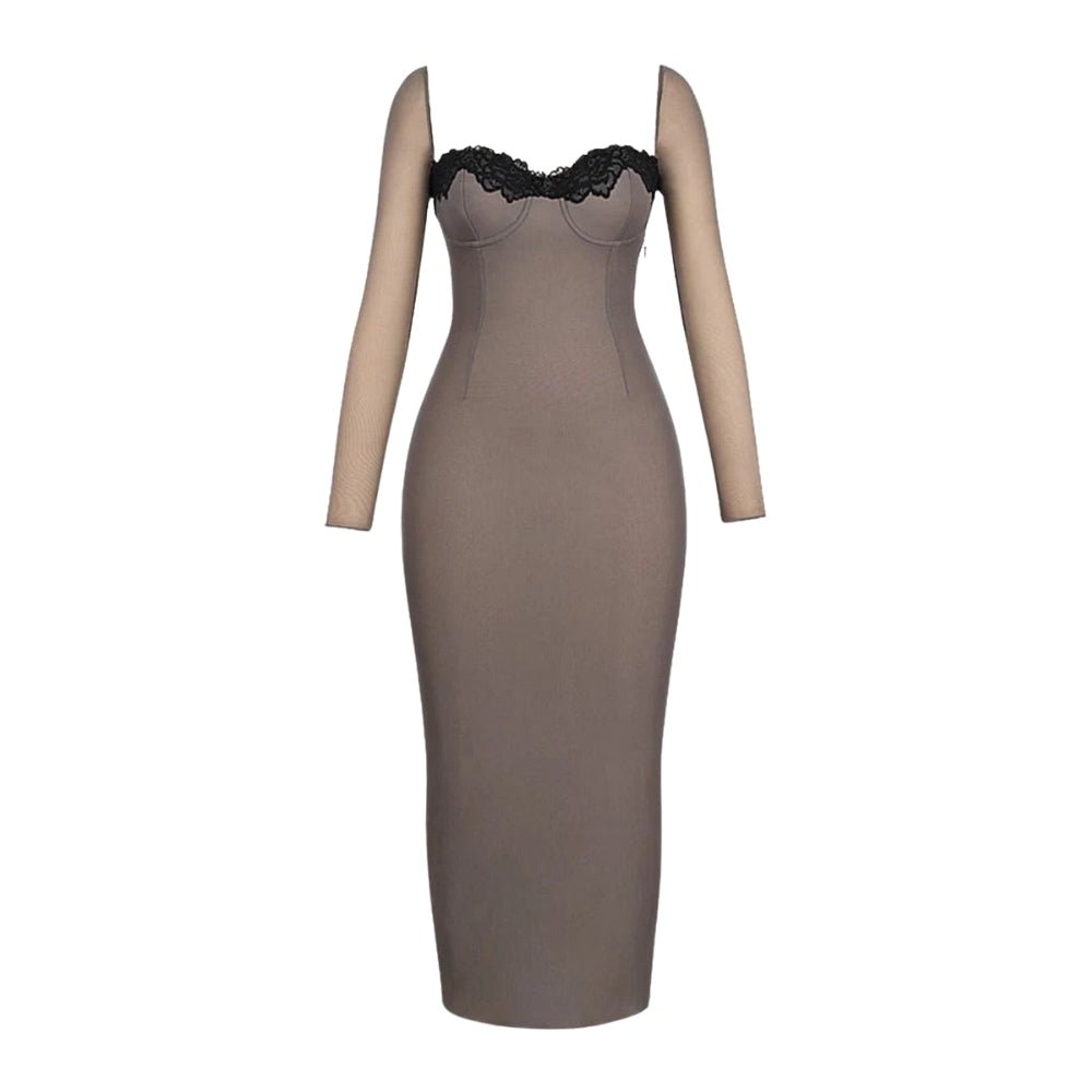 taupe Kouvr dress with black lace detailing on a white background