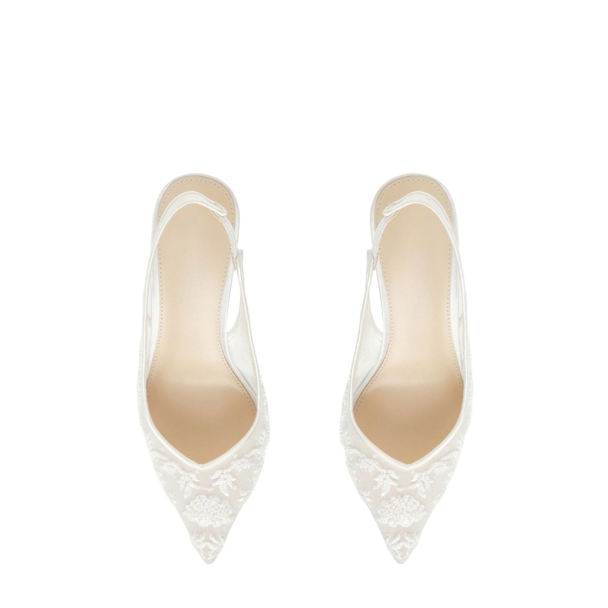 White Kouvr lace high-heeled shoes on a white background