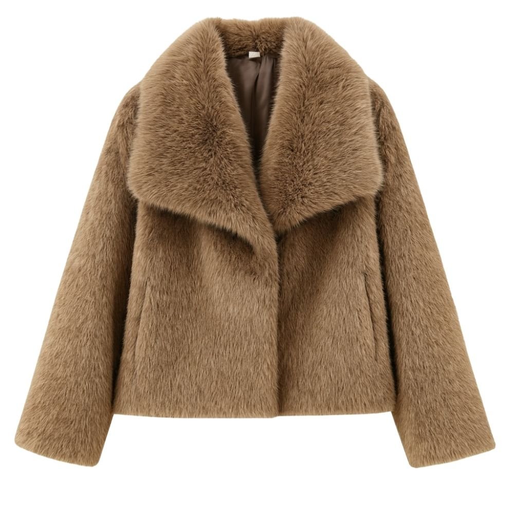 cruelty-free outerwear," "plush texture," "statement coat," "fall/winter essential," and "investment piece