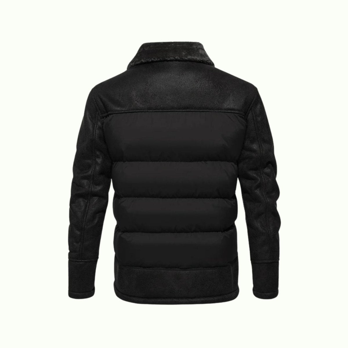 Black Kouvr puffer jacket with leather collar on a white background