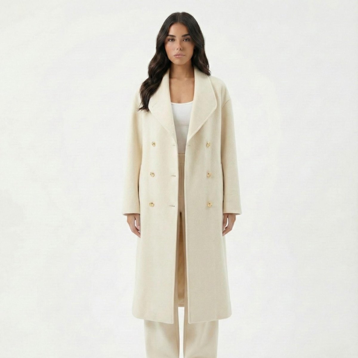 Madison Beer styled in the Kouvr Fashion Maddie long ivory wool coat worn open, revealing a matching ivory top and trousers for a monochromatic look.