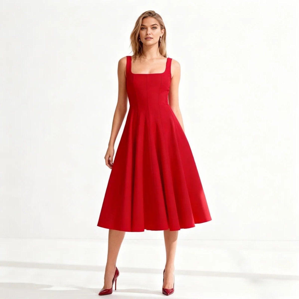 Woman wearing a red dress on a white background
