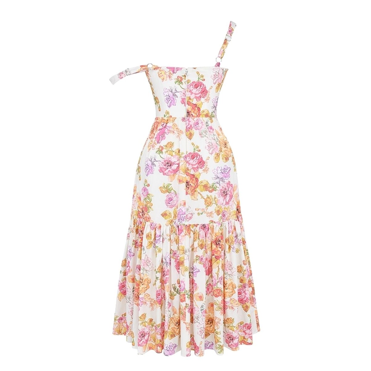 Flatlay product shot of the back of The Persephonefloral bustier midi dress, showing the zipper and adjustable straps.