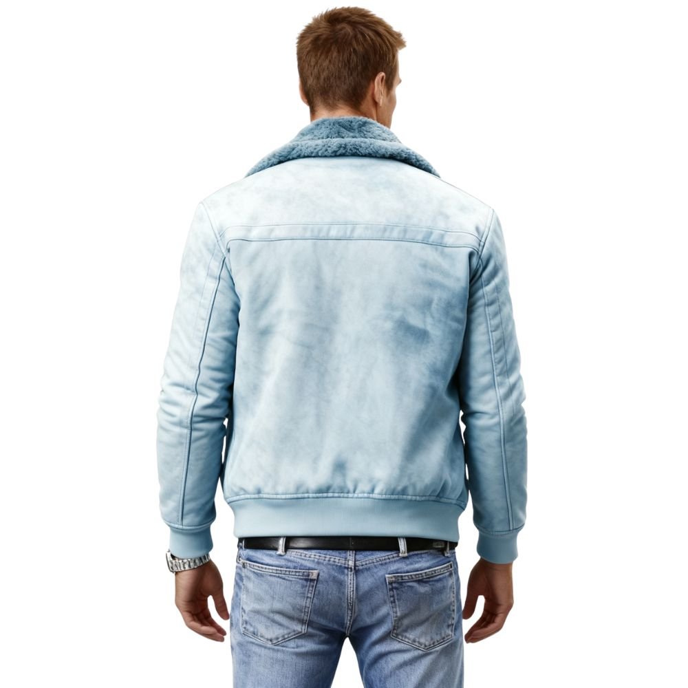 Model wearing the Kouvr Fashion men's sky blue shearling-lined aviator jacket
