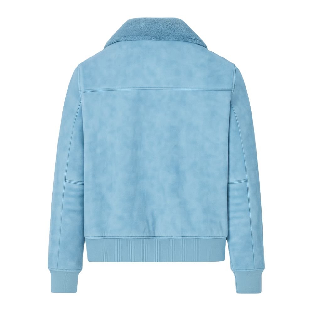 Sky blue kouvr jacket on a white background