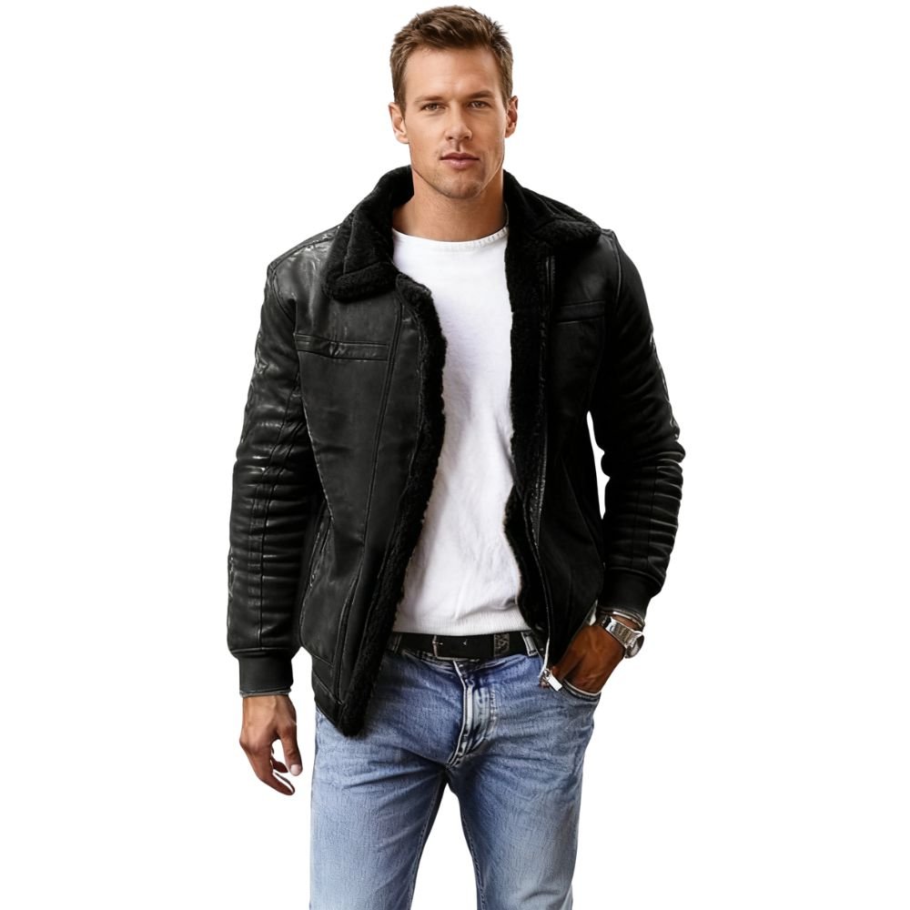 Men's Black Leather Shearling Biker Jacket by Kouvr Fashion worn on city street
