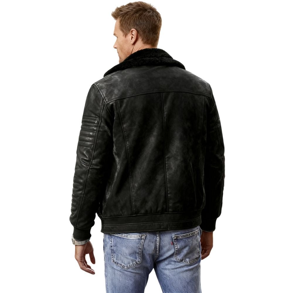 Men's Black Leather Shearling Biker Jacket by Kouvr Fashion worn on city street