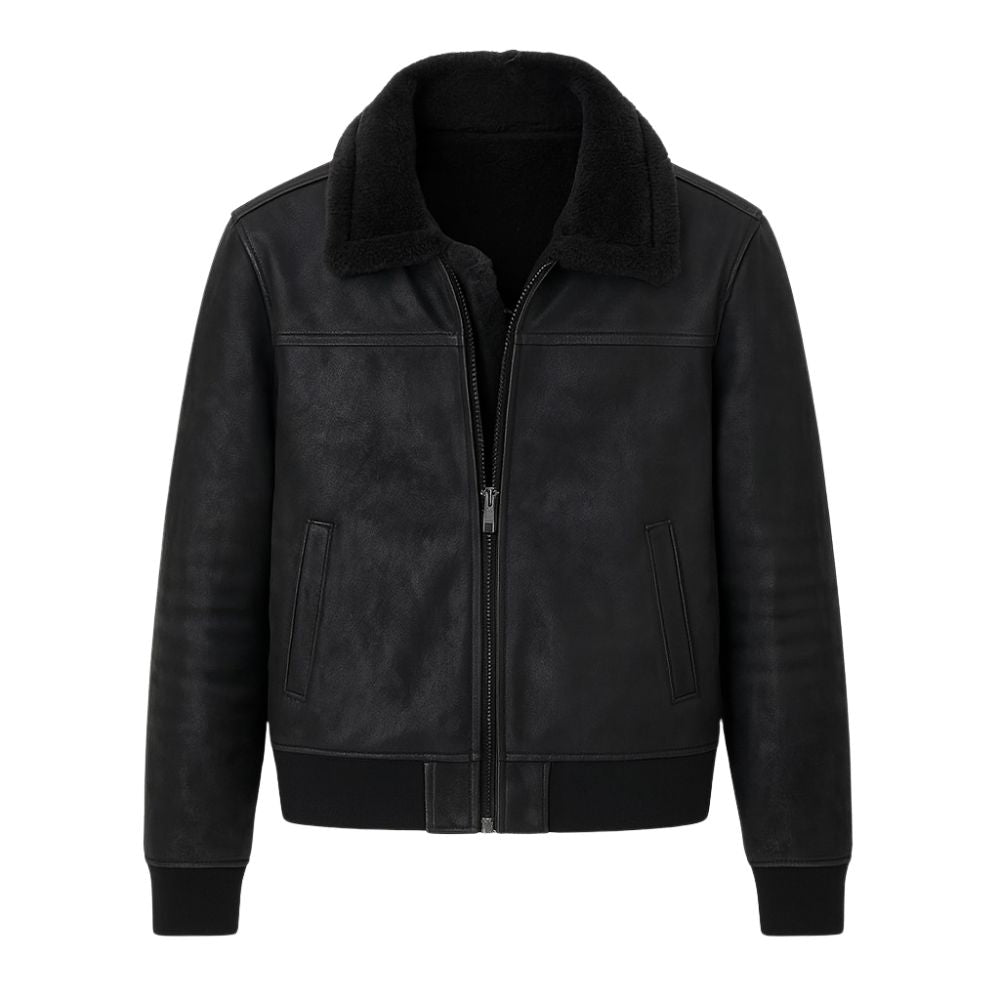 Men's Black Leather Shearling Biker Jacket by Kouvr Fashion worn on city street