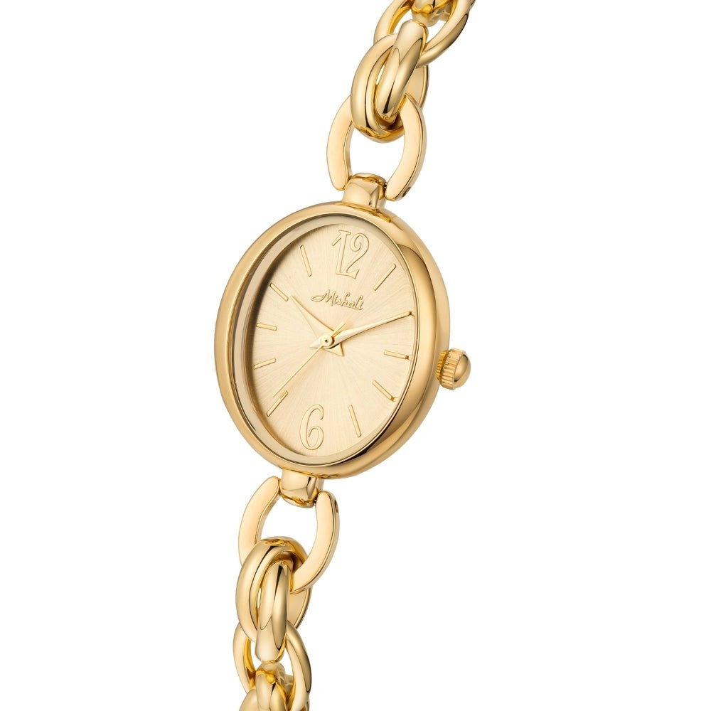 Gold Kouvr watch with chain strap on a white background