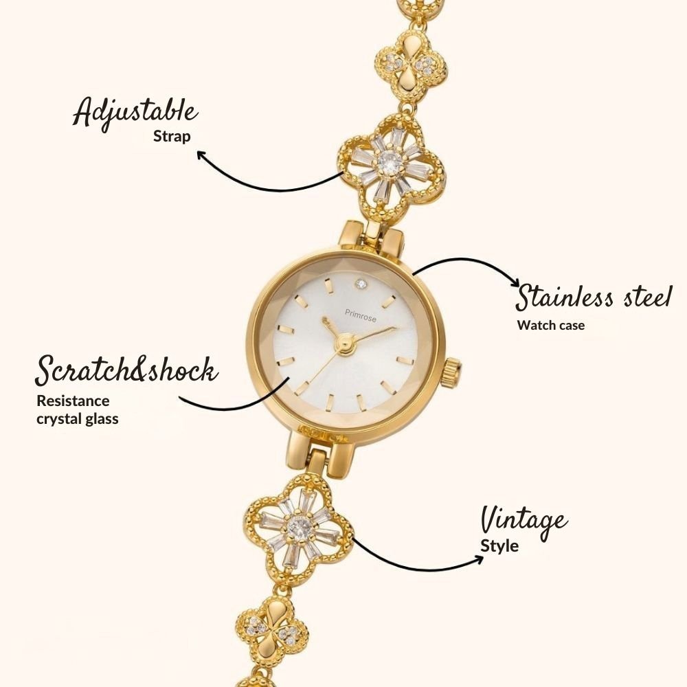 Gold Kouvr watch with floral design on strap, labeled features on a white background