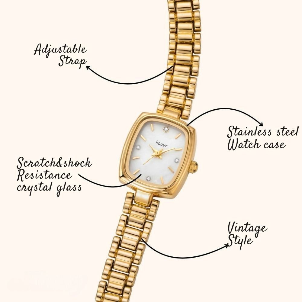 Gold Kouvr watch with labeled features on a white background