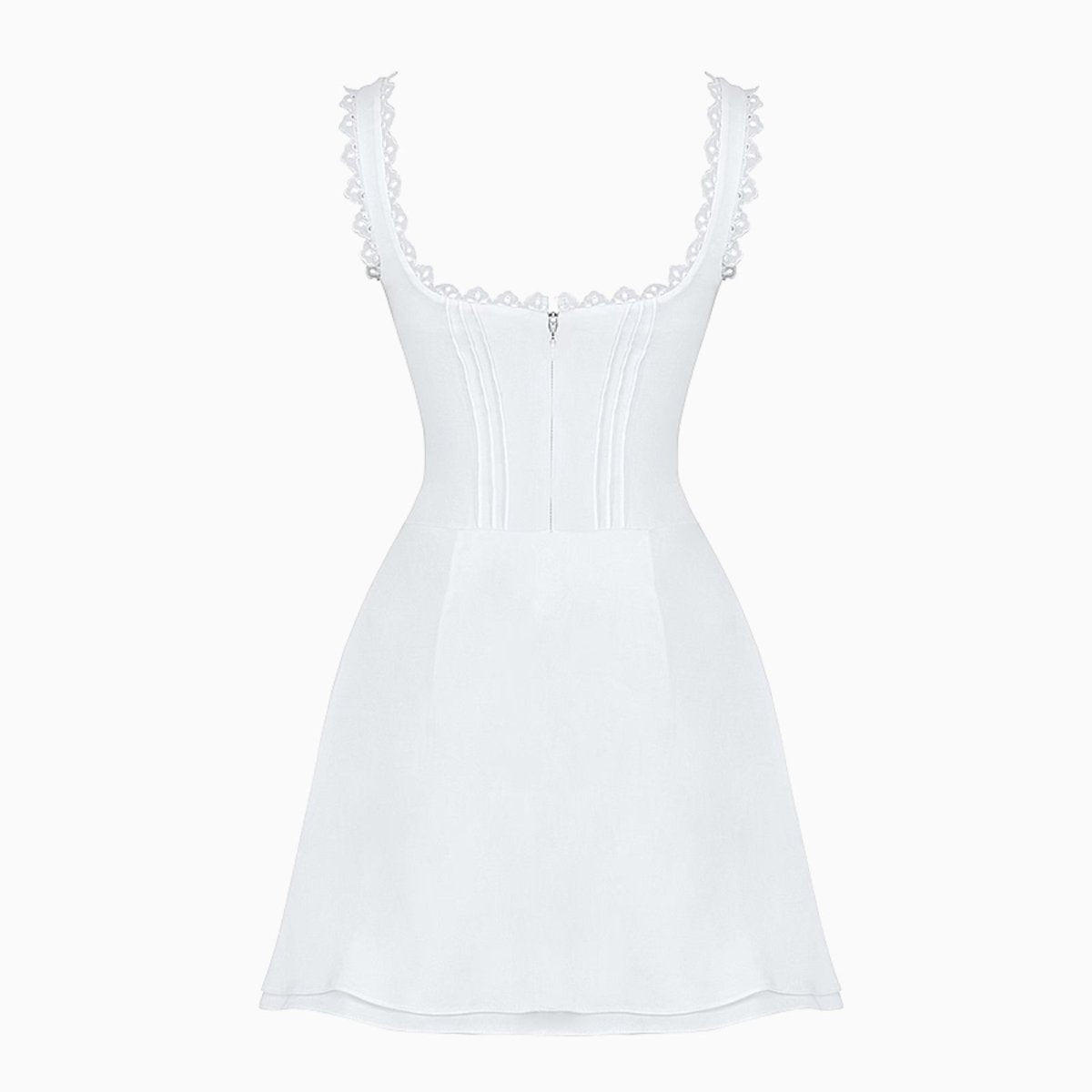 Product-only image of the back of the white lace trim mini dress, showing the clean lines and zipper placement.