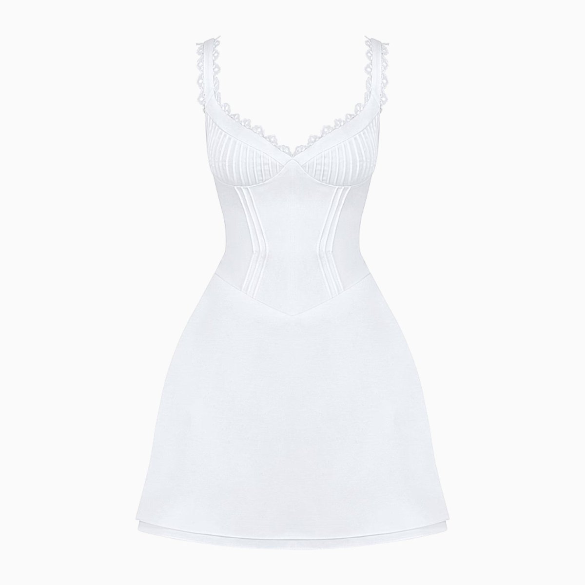 Flatlay studio shot of the white corset mini dress with lace trim, highlighting the structured boning and bust detailing.
