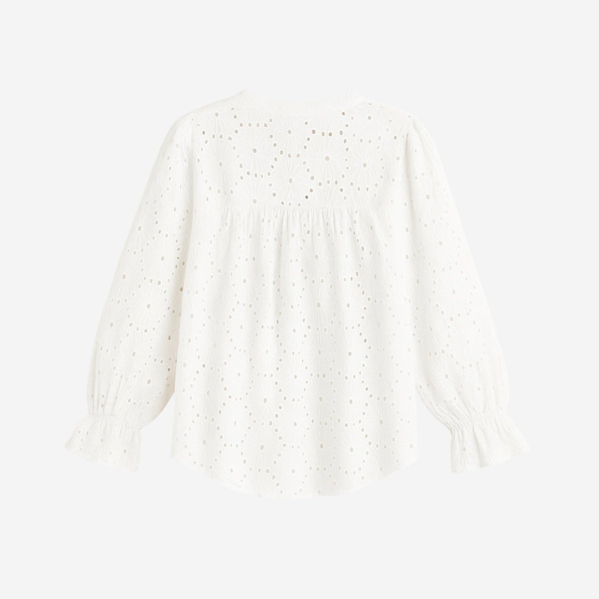 Flat lay showing the back of a white eyelet top, detailing the delicate embroidery and gathering below the collar.