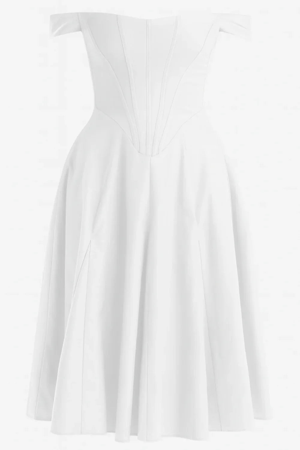off the shoulder structured dress", "sweetheart neckline dress", "fit and flare white dress", "A-line special occasion dress", "rehearsal dinner outfit", "civil ceremony dress", "luxury white party dress
