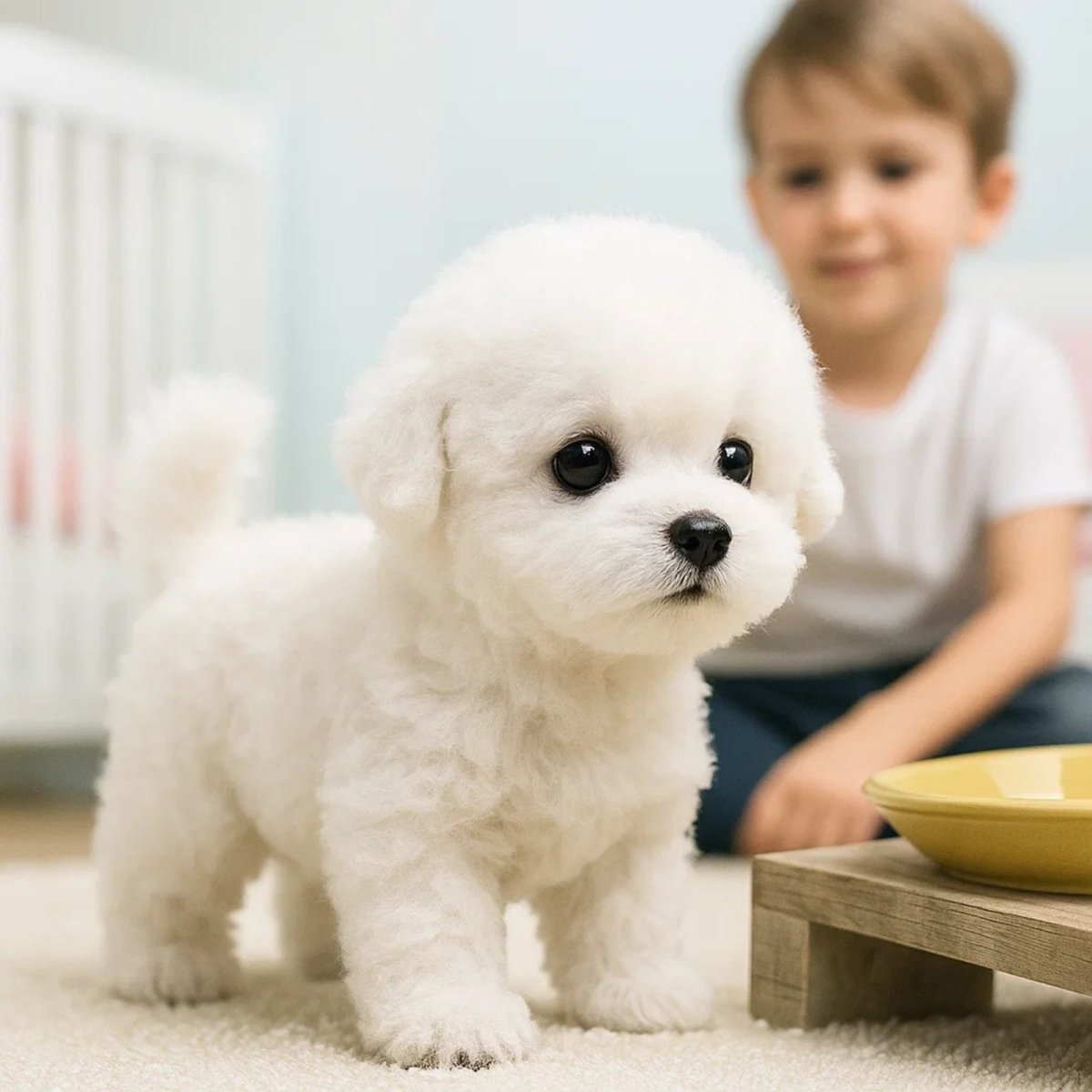 A child sitting in a playroom looking at a white kouvr lifelike electronic bichon frise puppy toy from Kouvr Fashion.