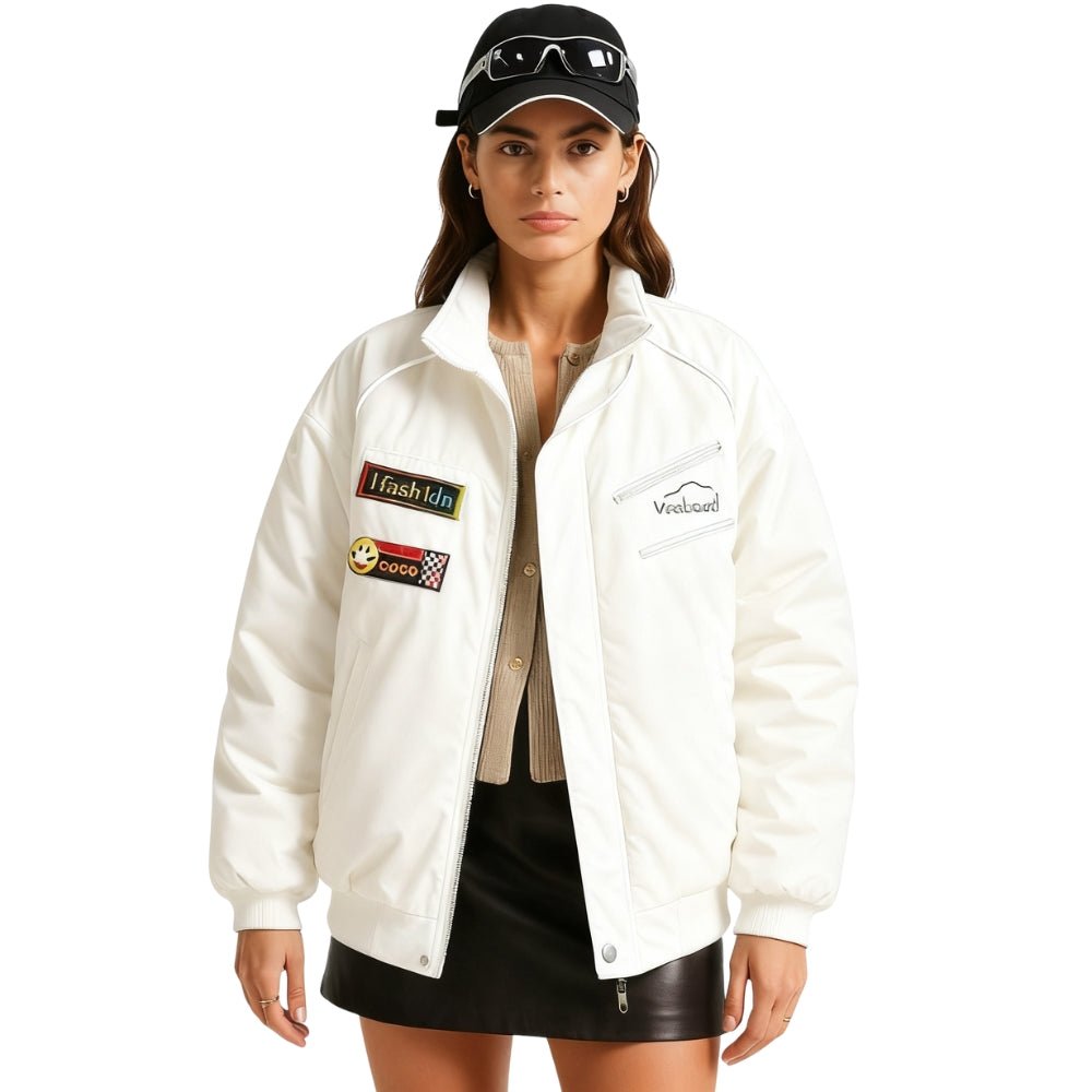 F1 aesthetic," "retro," "streetwear," "oversized fit," "padded," and "nylon twill