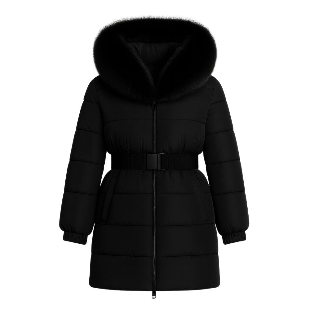 Model wearing the Kouvr Fashion long black belted down puffer coat with a large black fox fur hood