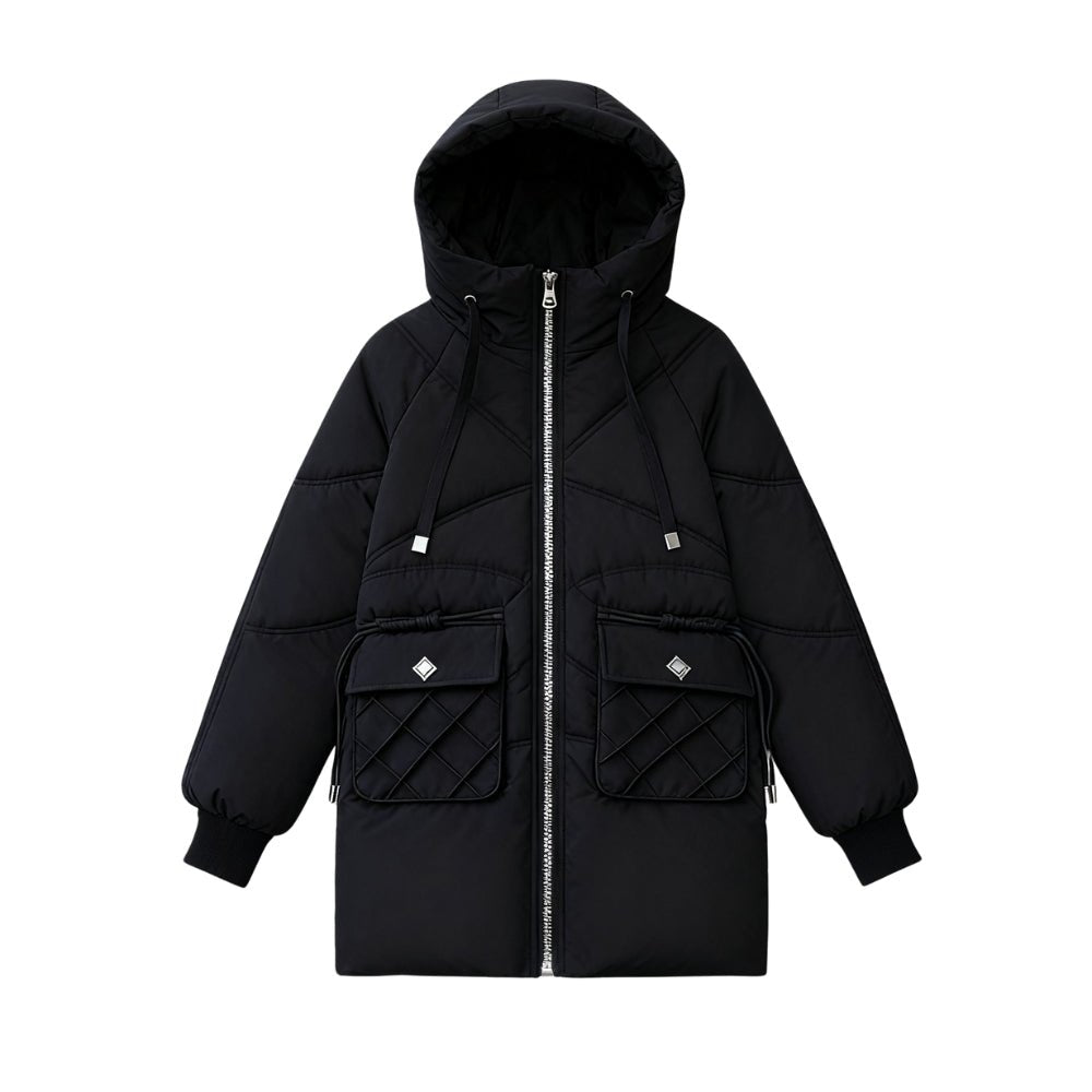 insulated down-alternative coat," "quilted outerwear," "cold weather jacket," and "urban winter fashion